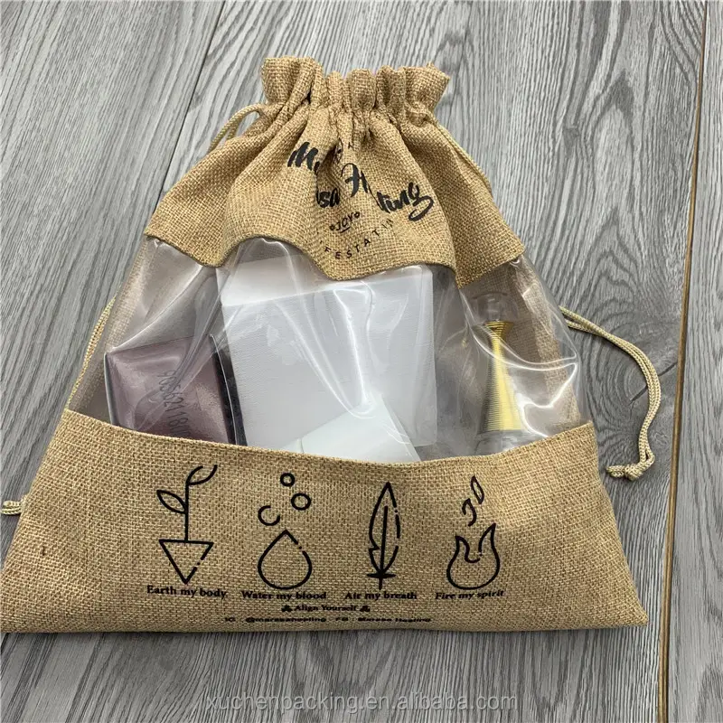 Bolsa de maquillaje de cosméticos de yute con cordón grande con ventana de PVC transparente bolsa de embalaje de arpillera de grano de café