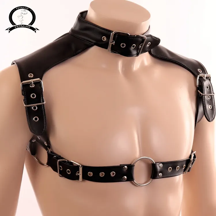 T-shirt transparent pour homme avec harnais Bondage sur la poitrine en tissu Wetlook Fetish Design Collar