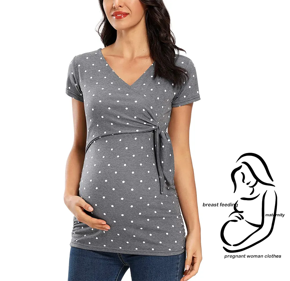 Ladymate ODM/OEM लघु आस्तीन स्तनपान शर्ट गर्भवती मातृत्व गर्भावस्था में सबसे ऊपर टी शर्ट माँ के लिए गर्भावस्था कपड़े पहनने