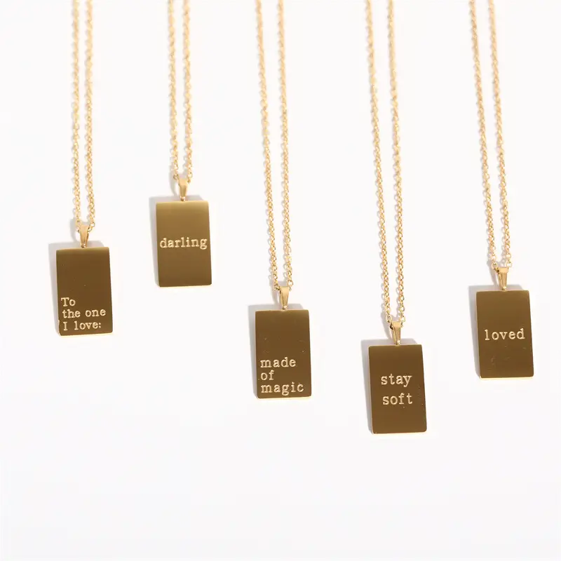 Colar de pingente retangular personalizado, colar feminino com pingente de texto e logotipo personalizado, gravura profunda pvd 18k, aço inoxidável banhado a ouro, joias gravadas