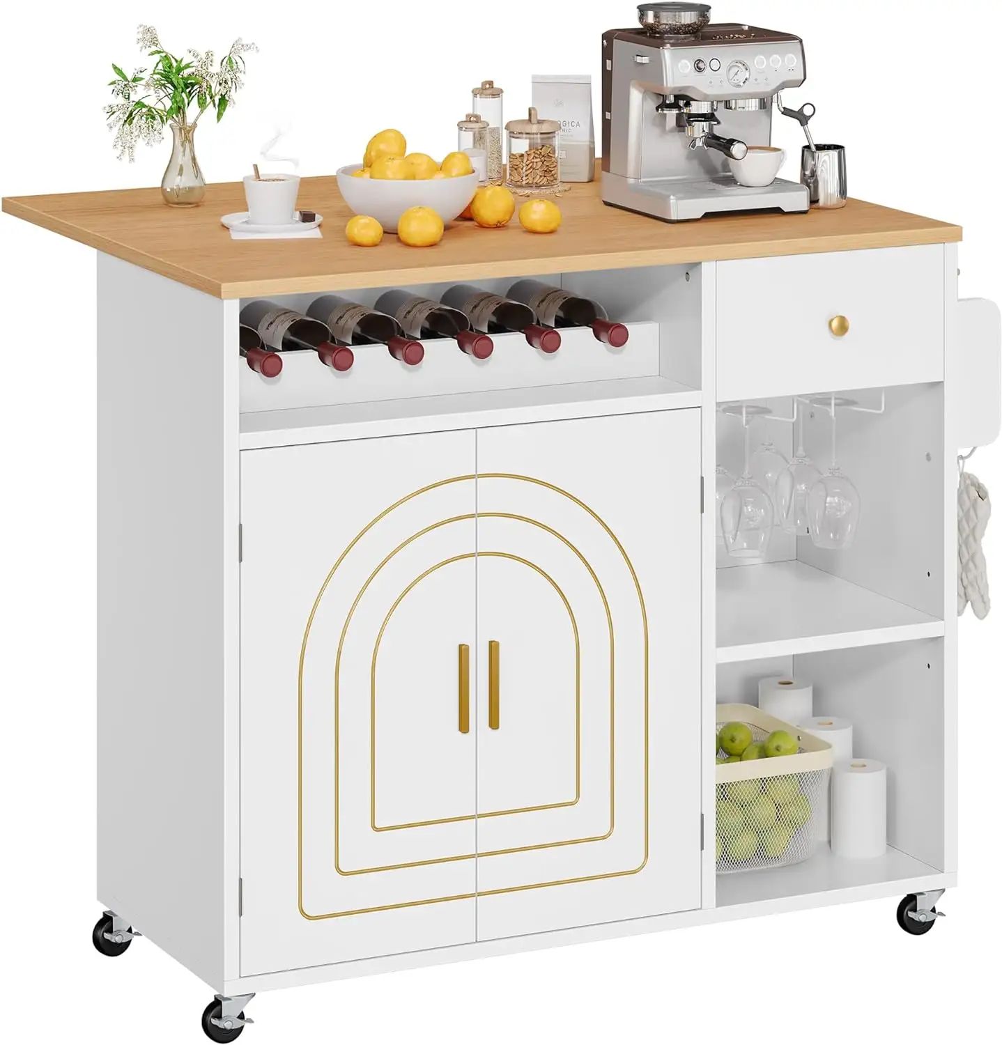 Kitchen Island with Folding Drop Leaf Rolling Kitchen Cart with 2 Gilded Cabinet Doors Kitchen Island Cabinet on Wheels