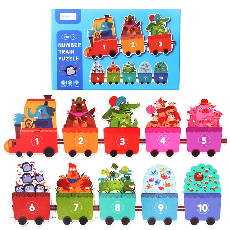 Puzzle kereta hewan untuk anak-anak, teka-teki kartun Digital untuk usia 3 +, bantuan mengajar kayu koordinasi mata tangan anak-anak