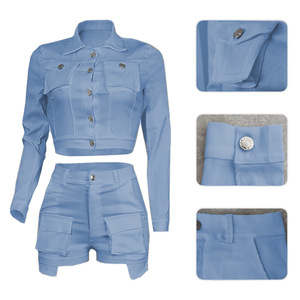 2023 Hot Bán Thời Trang Giản Dị Hai Mảnh Thiết Lập Mùa Thu Phụ Nữ Jogger Outdits Nút Crop Áo Khoác Và Quần Short Hàng Hóa Thiết Lập - Product Image 2