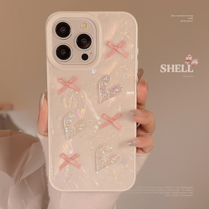 IPhone用15 14 13 12 11 ProMaxかわいいピンクボウノットシェルパターン3Dハート携帯電話保護ケース