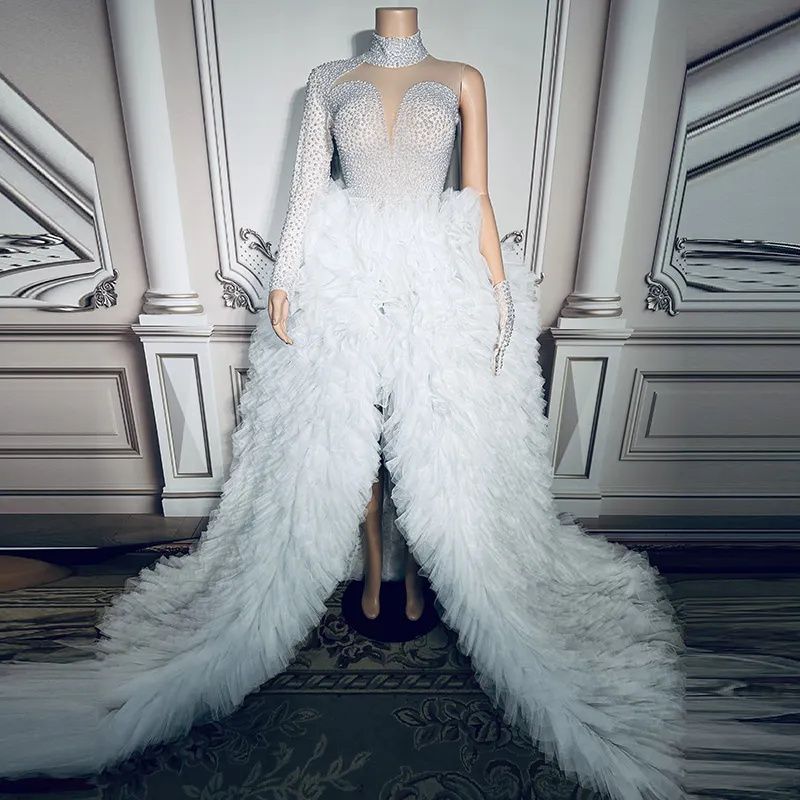 NOCANCE-vestidos de novia de manga larga para mujer, vestido formal elegante con cuello alto y perlas blancas de cola larga para fiesta de boda, 2023