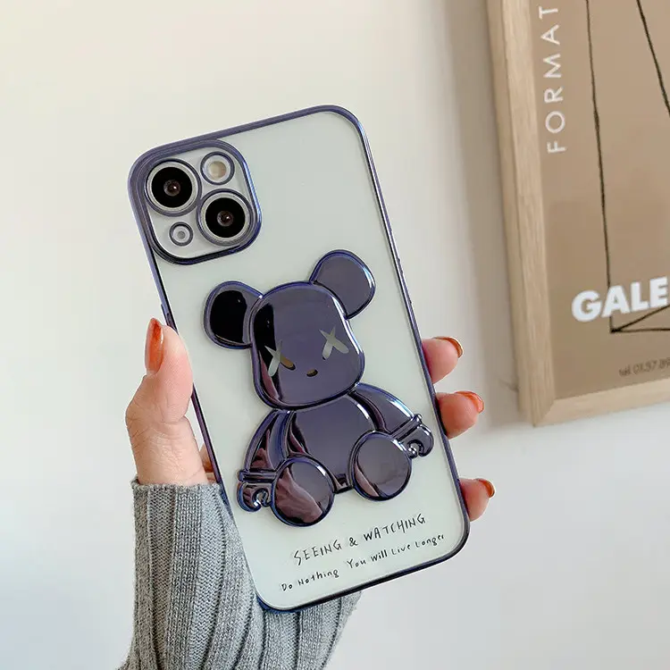 Funda de teléfono con diseño de oso frío galvanizado para iPhone 13 Pro Max, cubierta móvil colorida suave de lujo tridimensional para iPhone