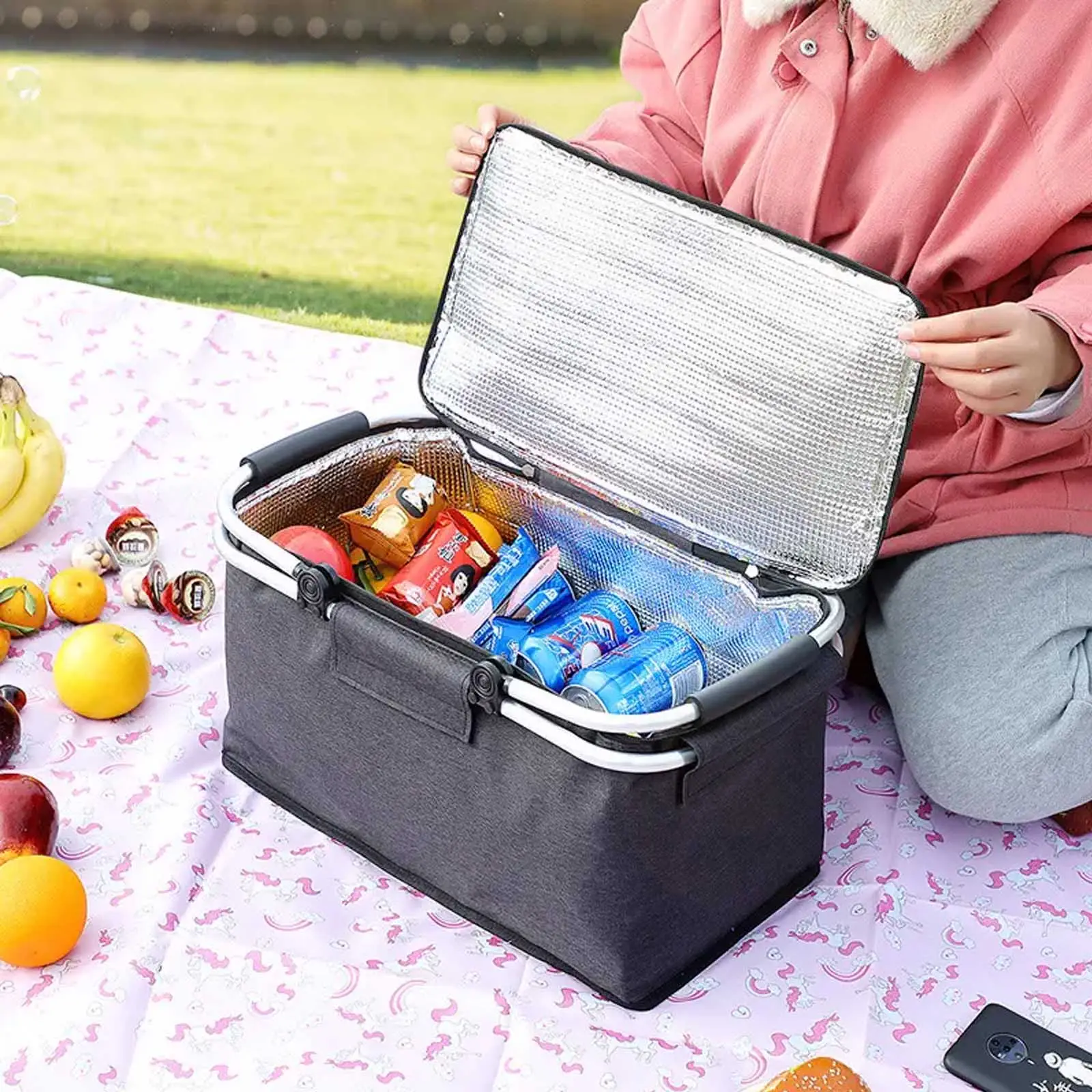 Sac isotherme alimentaire pliable et étanche personnalisé, panier de pique-nique avec cadre en aluminium pliable thermique de voyage, sac isotherme