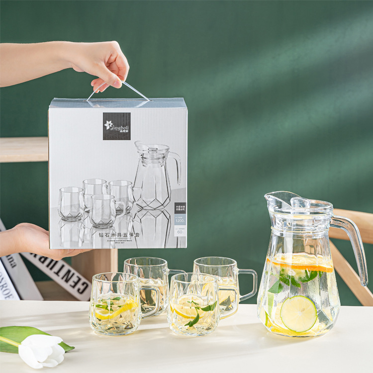 Clear Diamond Pattern Glass Water Set (1 Pitcher + 4 Cups)