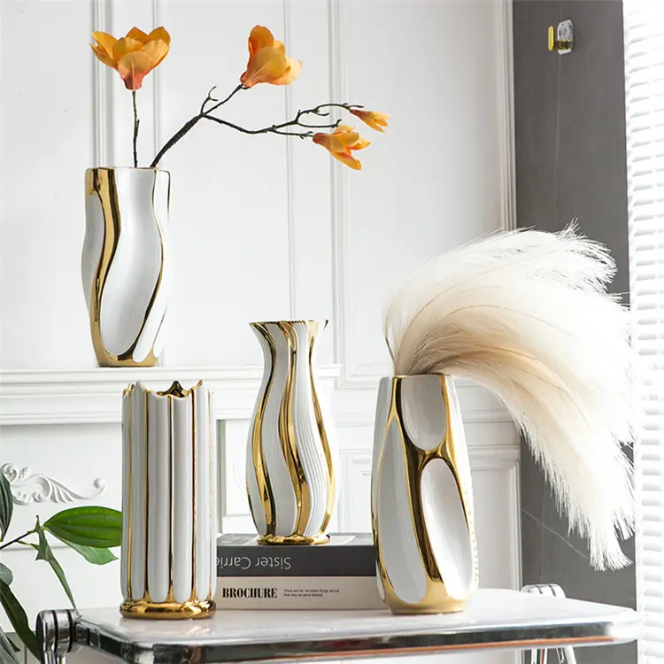 New luxury art home decor banhado a ouro porcelana cerâmica floral vasos branco e ouro luxo flor vaso para mesa de jantar