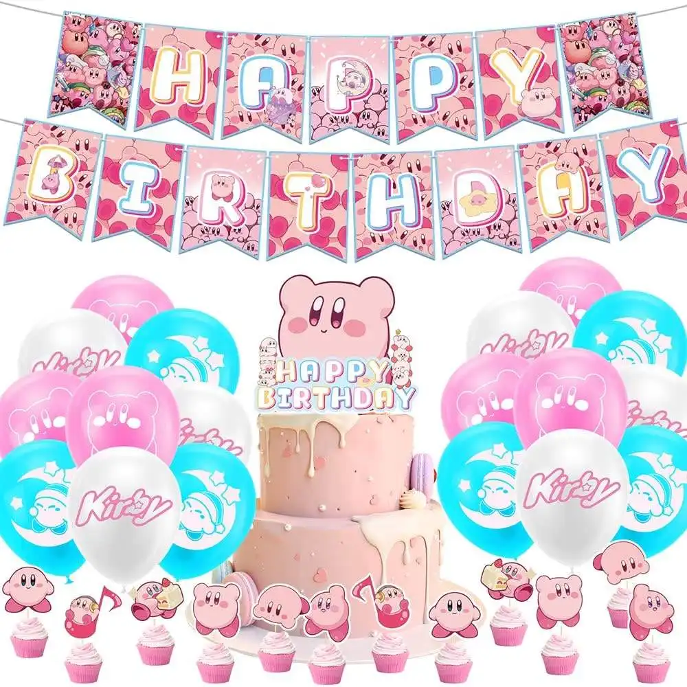 Kirby temática bebé niña suministros de fiesta de cumpleaños conjunto Banner globos Cupcakes Topper niños princesa cumpleaños decoraciones X0169