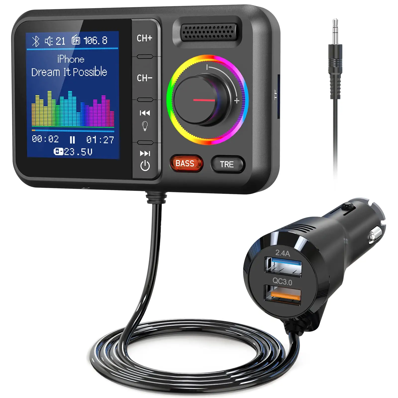 Auto MP3 Musik Player BASS TRE Booster Bluetooth FM Sender für Auto Wireless Auto Bluetooth Adapter V5.0 mit großem Farbbild schirm