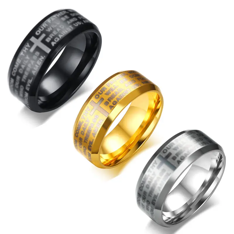 Anillos Para Hombre articoli da regalo cattolici religiosi anelli di preghiera dei signori inglesi anelli incrociati in acciaio inossidabile per uomo