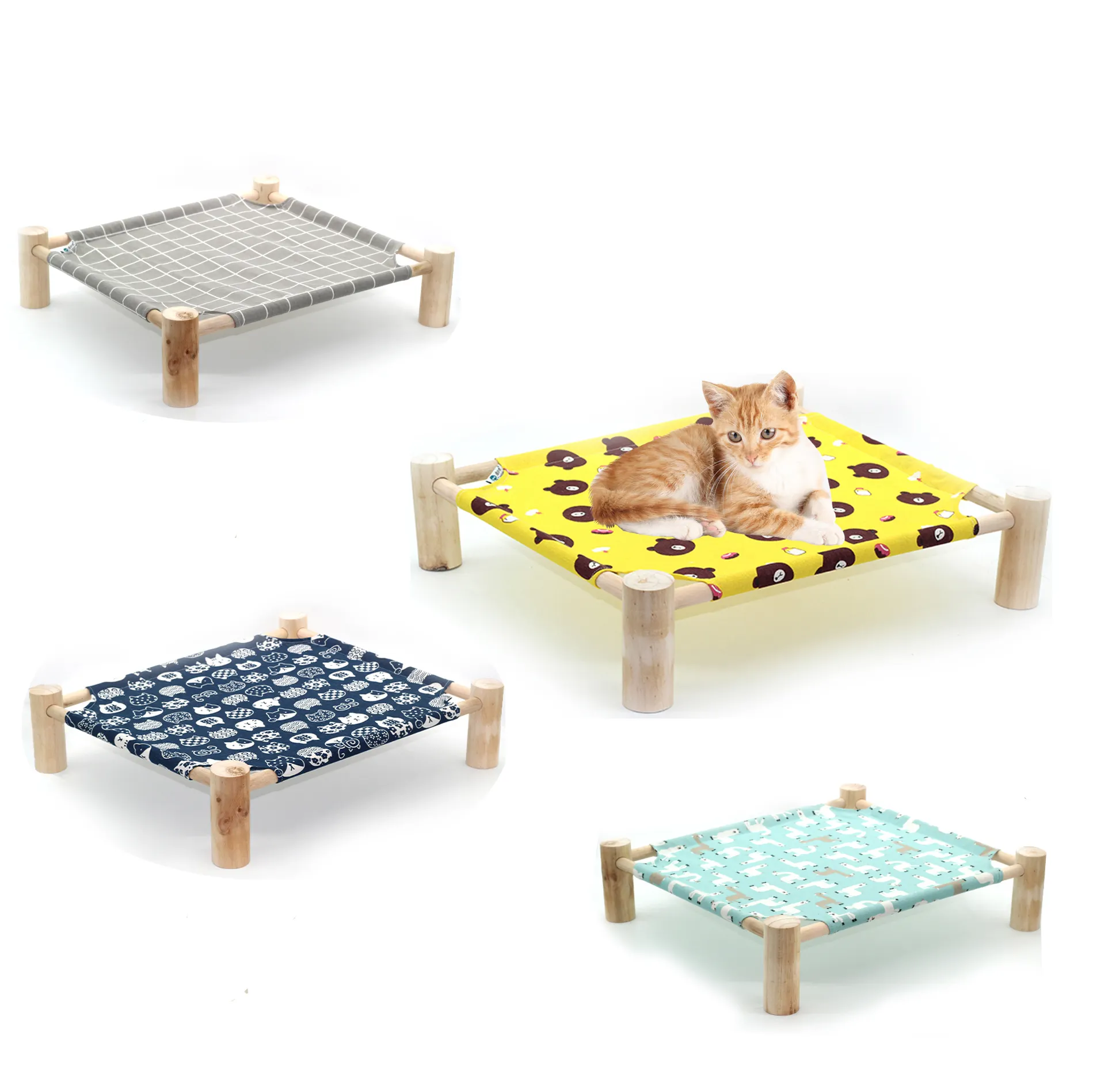 Поднятая деревянная портативная охлаждающая кровать, гамак для кошек с подставкой, моющаяся хлопчатобумажная холщовая кровать, поднятая кровать для собак и кошек