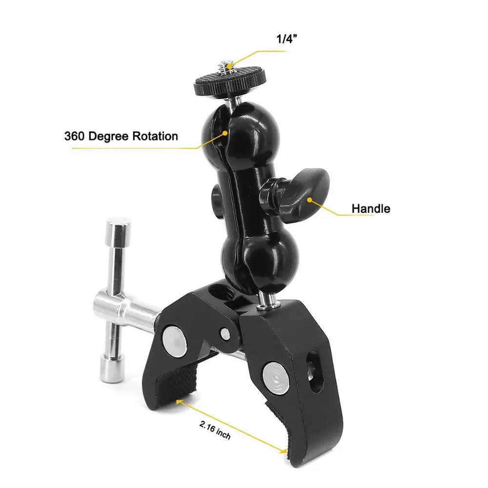 Kasin-Juego de brazo mágico para estudio, pinza de superabrazadera con soporte giratorio de doble cabezal de 1/4 "para Monitor LCD DSLR Rig