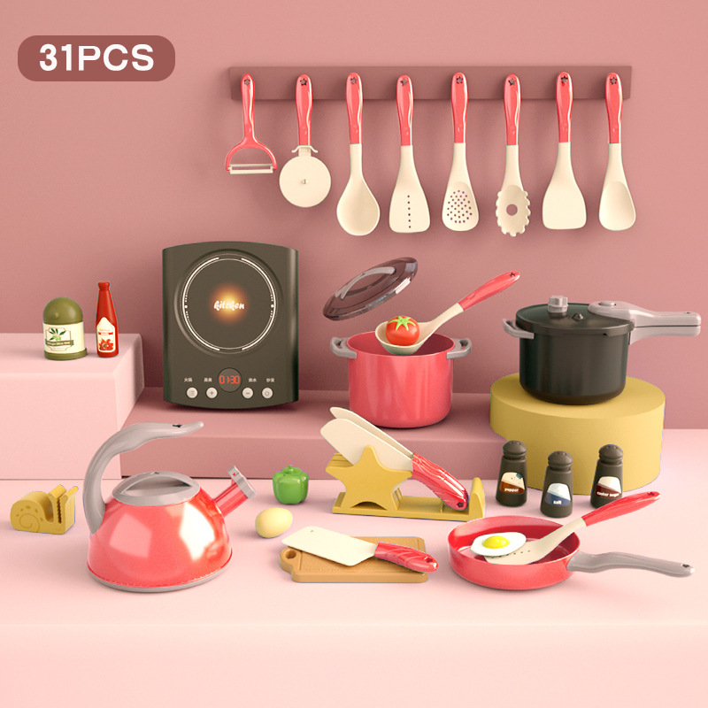 Jouet de cuisine avec cuisinière à induction (31 pièces, rouge)