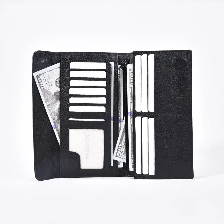 Custom New Black Men Cash fermasoldi pochette lunga Slot per Sim Card Bifold Multicard Magic portafogli di lusso in vera pelle