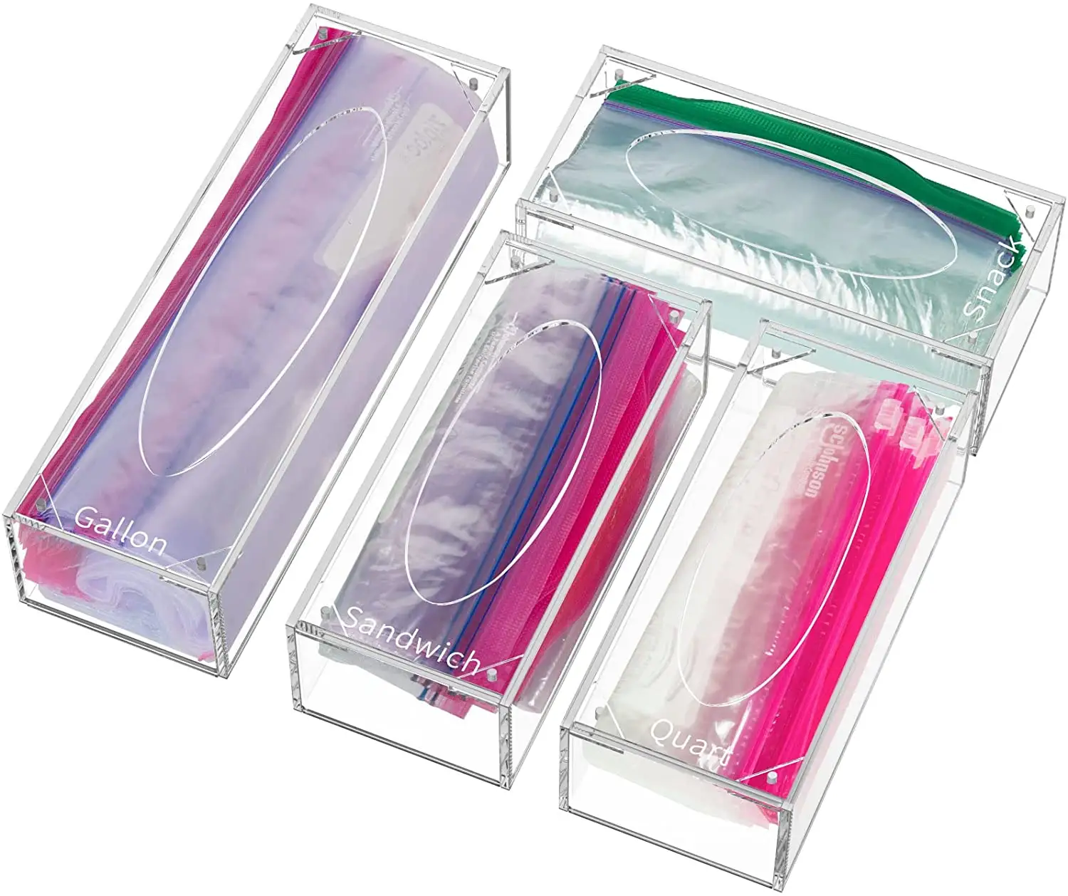 Yageli fabricação 4 pacotes separados acrílico transparente, ziplock, organizador de armazenamento de alimentos, caixa de baggie para ziploc