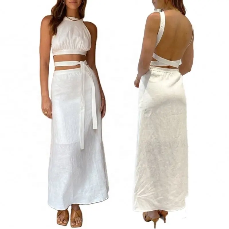 2023 vestidos sexis para mujer vestido Halter Correa corbata anudada espalda descubierta Maxi vestido de lino de playa