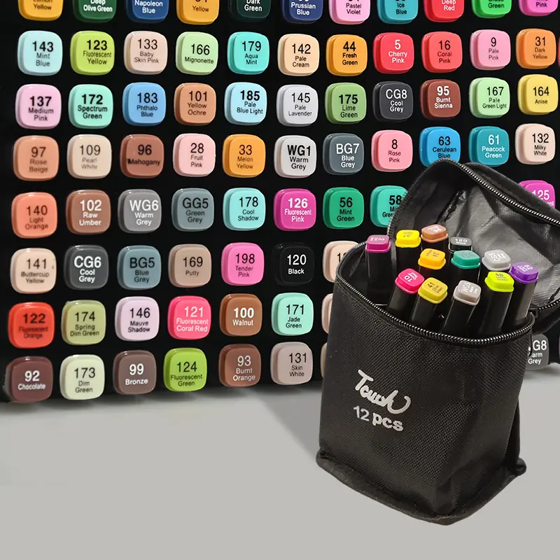 Marcador de álcool em 12 cores em estoque, conjunto de marcadores de ponta dupla para desenho e arte
