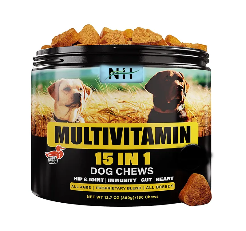 OEM/ODM 15-in-1 suplemen Multivitamin dan vitamin kunyah mendukung vitamin anjing peliharaan kekebalan tubuh sendi