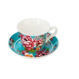 ถ้วยกาแฟลายดอกโบตั๋นแก้วชาออนเคลือบสีฟ้า