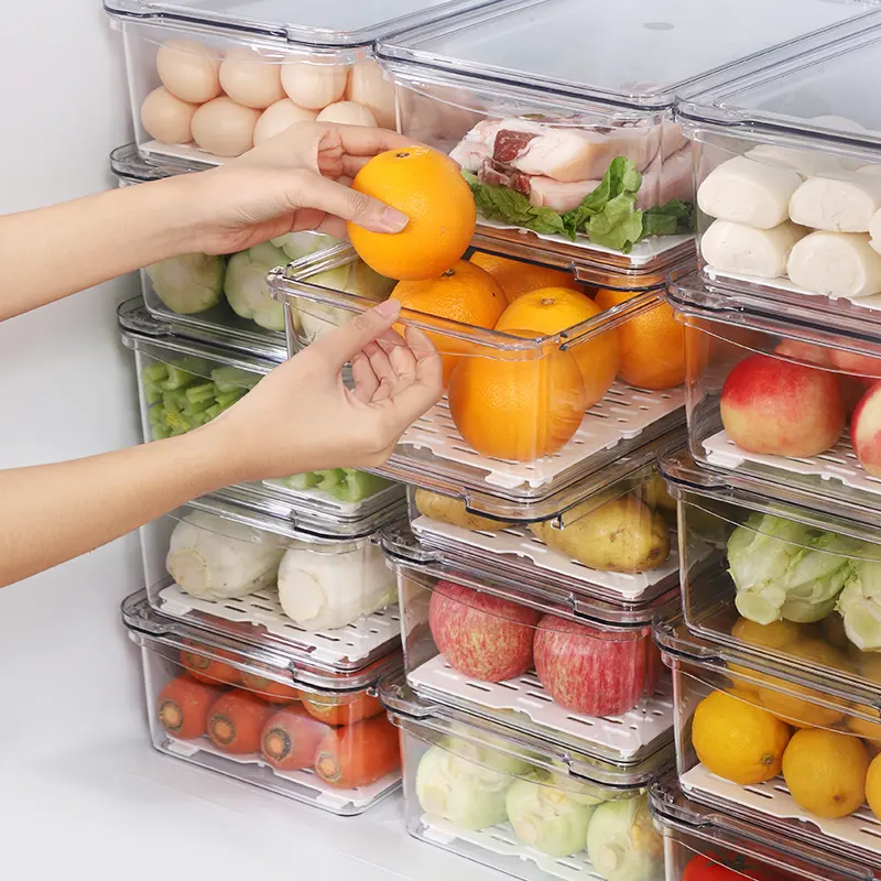 صناديق تنظيم الثلاجة بالجملة توفير مساحة المطبخ تخزين الطعام حاوية منظم الثلاجة البلاستيكية