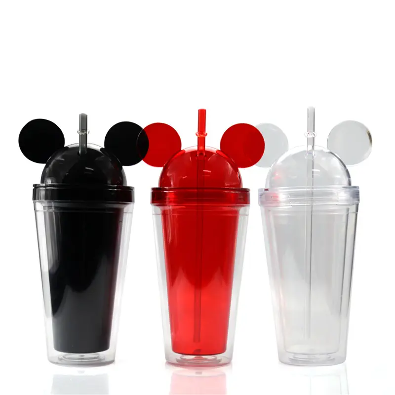 Hot Bán Đôi Tường Phim Hoạt Hình Nhiều Màu Nhựa Cốc Cốc 16Oz Acrylic Rõ Ràng Chuột Tai Mickey Tumbler Với Rơm Và Nắp