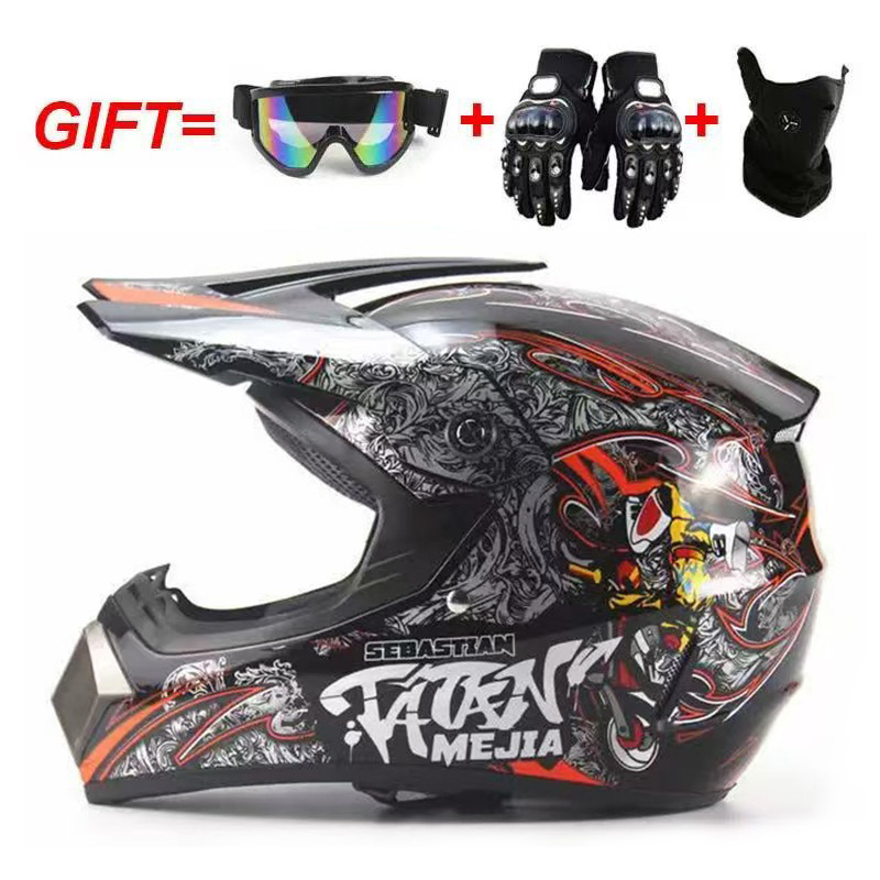 Gafas de moto negras brillantes, máscara y guantes.