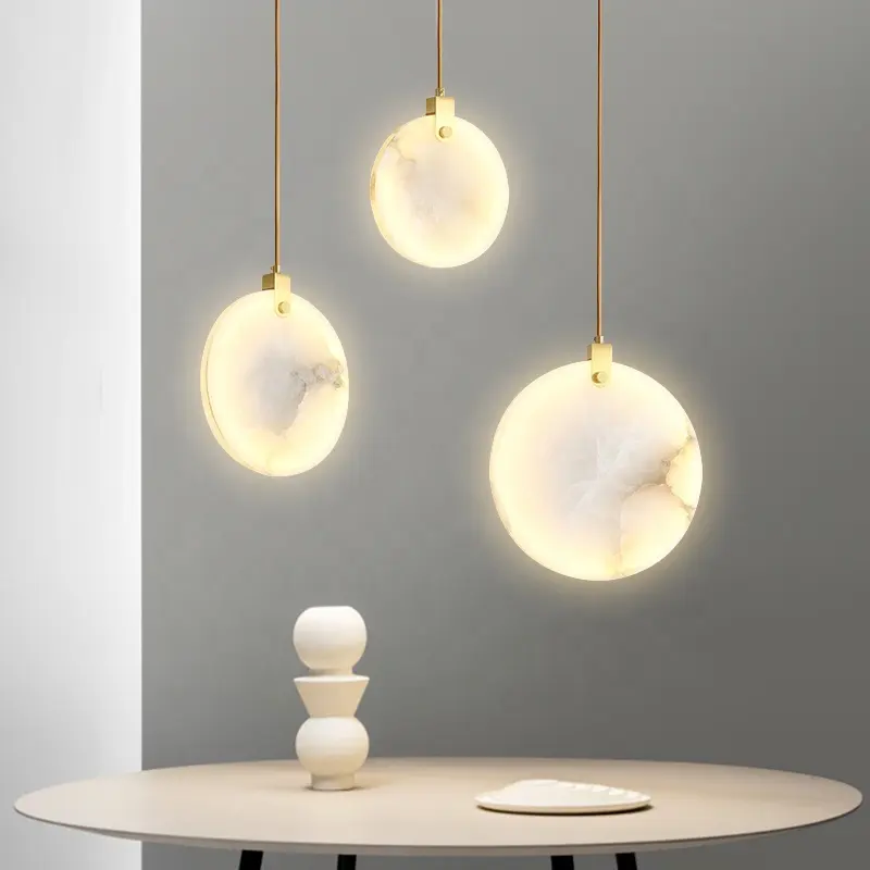 Petite lampe suspendue en marbre de haute qualité, tout en cuivre et en marbre, lampe à cordon de chevet moderne de luxe, barre ronde