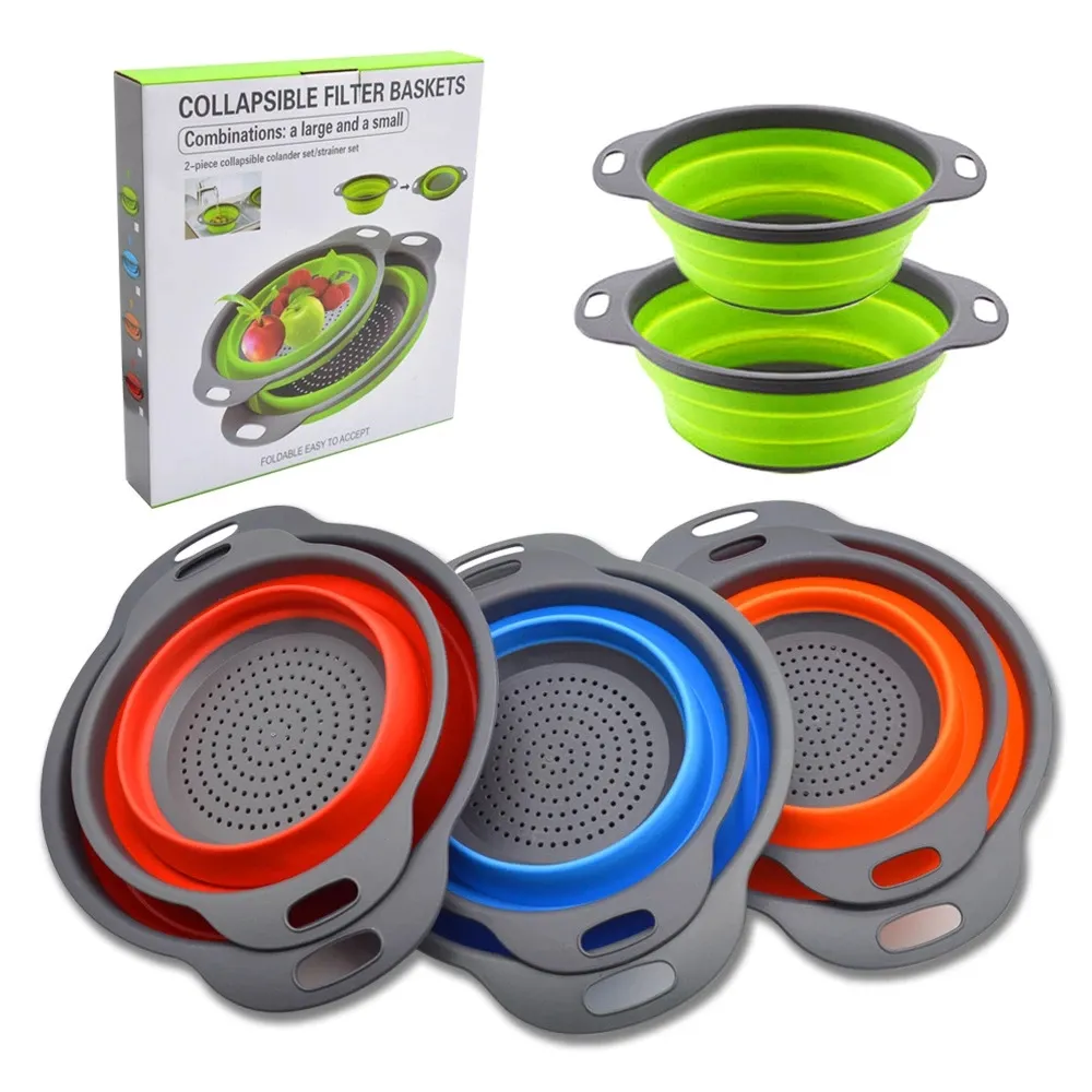 Coador escorredor de silicone com alça, 2 peças/conjunto, escorredor de escoar de lavar vegetais frutas