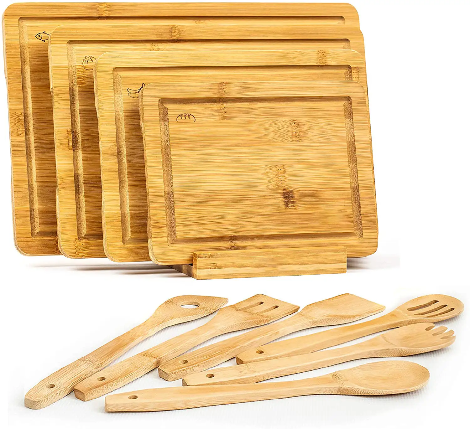 Juego de tabla de cortar de madera de bambú de tamaño personalizado con soporte, tabla de cortar para utensilios de cocina