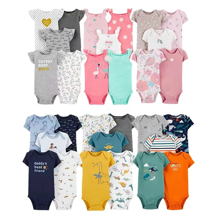 Hot sale Cartoon print boy girl cotton 5 pieces set Newborn bodysuit Comfortable baby short sleeve romper