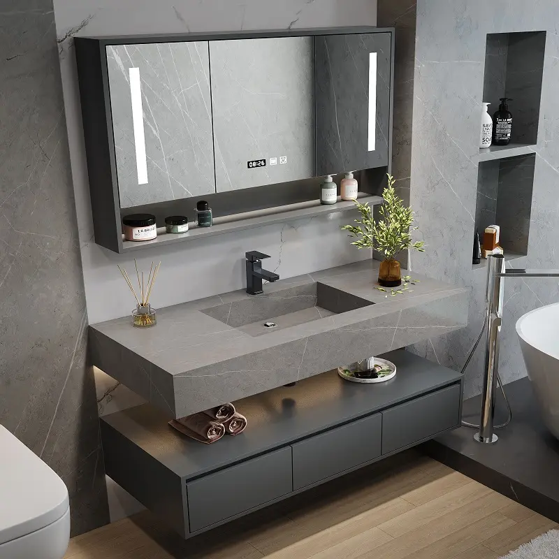 Tocador flotante de madera sólida con espejo, mueble de baño blanco, doble lavabo, mármol, moderno, gran oferta