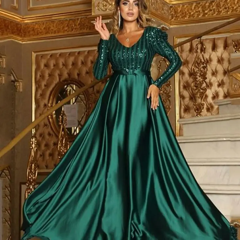 Nova Moda Mulheres Lady Sexy Deep V-neck Lantejoula Long SleeveFloor Comprimento Bling Big Hem Festa Casamento Noite Maxi Vestido