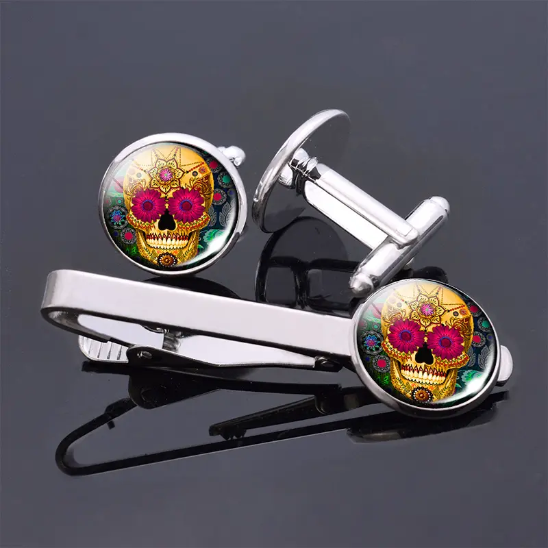 Arte popolare Teschi Gioielli Gemelli E Cravatta In Acciaio Inox Pin Clip di Set Degli Uomini Della Camicia Accessori Personalizzato In Argento Cravatta Clip di