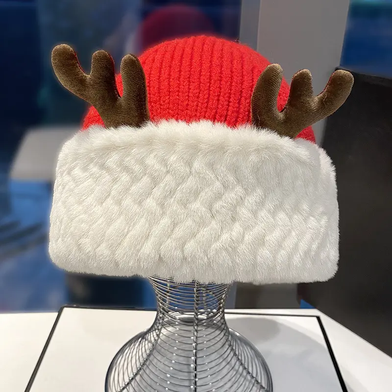 TCS-8P008 2013 Christmas Hat Autumn Winter Christmas Red Knitted Hat Reindeer Plush Warm Christmas Wool Hat