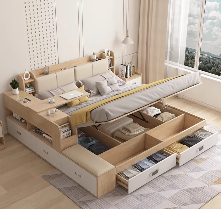Grosir tempat tidur mewah tunggal nordic set ukuran penuh kamar tidur modern solusi furnitur kayu dengan penyimpanan Besar