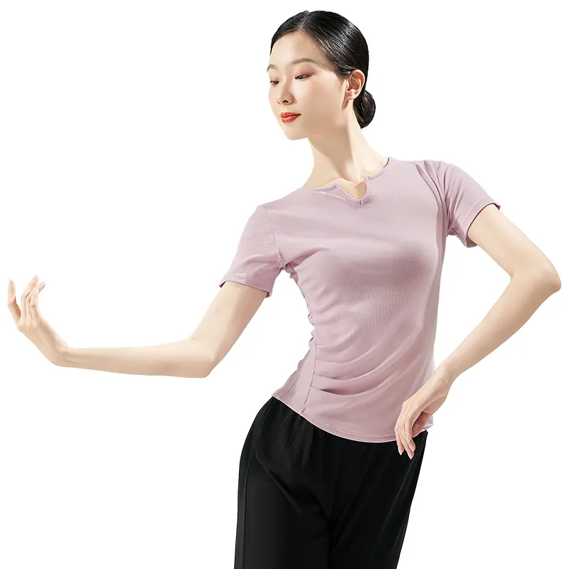 Adulto elegante pequeño cuello en V lateral plisado Ballet danza Tops adelgazamiento moderno danza entrenamiento traje