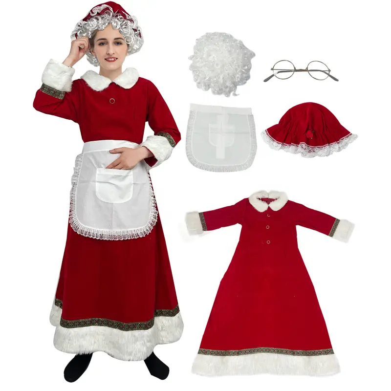 5-teiliges Fräulein Weihnachtsmann Kostüm-Set Erwachsenen-Weihnachtsmann-Outfit für Weihnachts-Cosplay-Party enthält Kleiderzubehör Polyester