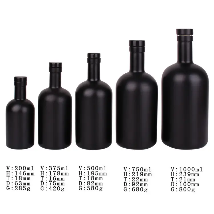 Grosir kosong mewah Matte hitam 500ml 750ml buram hitam semangat minuman keras Vodka kaca botol anggur kaca botol minyak zaitun