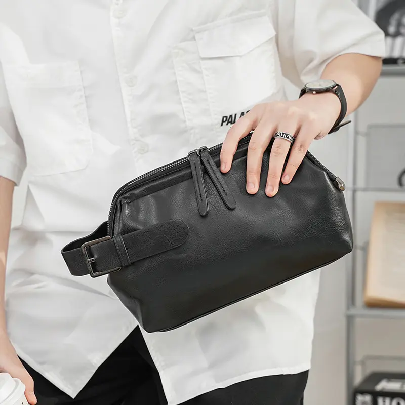 Bolsos de mano informales coreanos al por mayor, bolso de mano de negocios negro para hombre, pequeño MOQ, bolsos de mano lavados de cuero PU suave personalizados