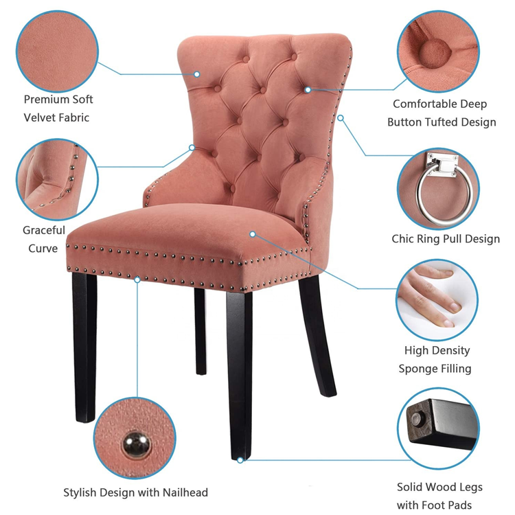 European luxury upholstered restaurant dinning chairs solid wood frame foot grey tufted velvet fabric dining chair
