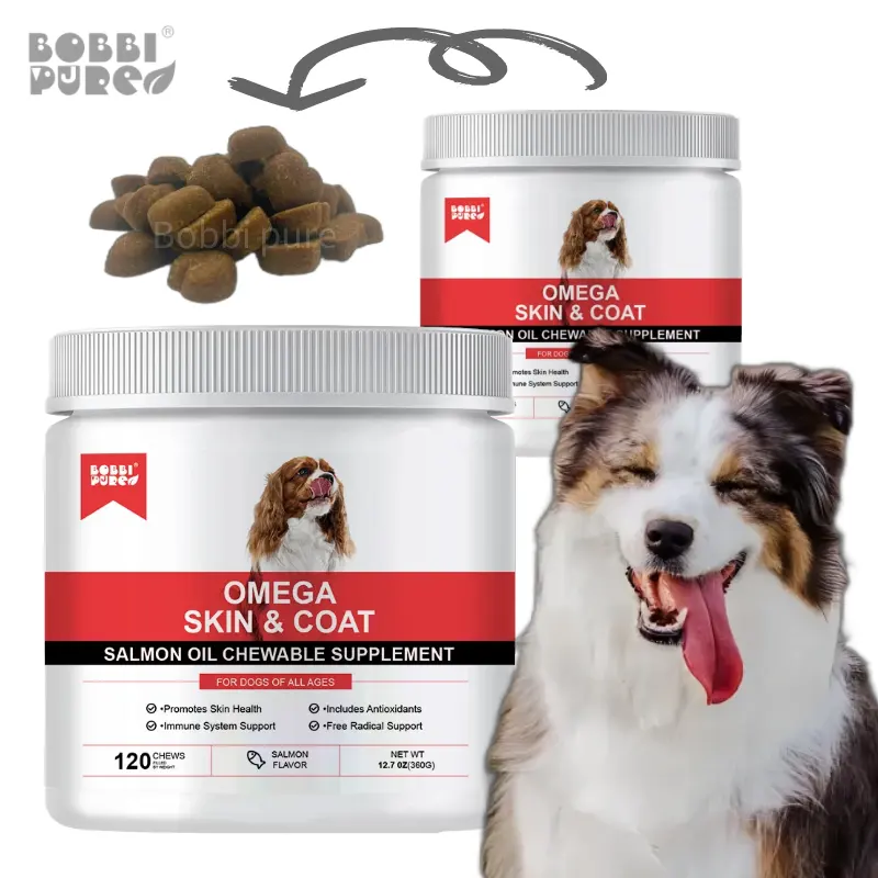 Logotipo personalizado de la marca, masticables para perros, suplementos para mascotas, mezcla antioxidante, ayuda a la hidratación de la piel, aceite puro de salmón para perros y gatos, Omega-3