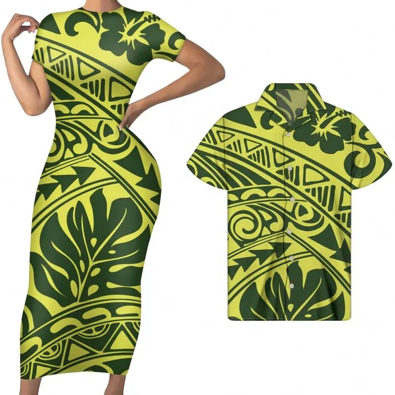 Husband And Wife Clothes Green Yellow Polynesian Tribal Monstera Hibiscus Floral Printing Trendy Couple Clothing Women Maxi