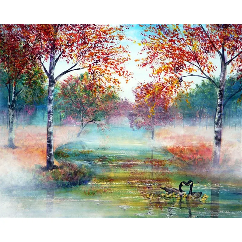 DIY peinture par numéros arbre pour adultes enfants toile Art encadré à la main peinture à l'huile lac maison décoration murale acrylique dessin Kits