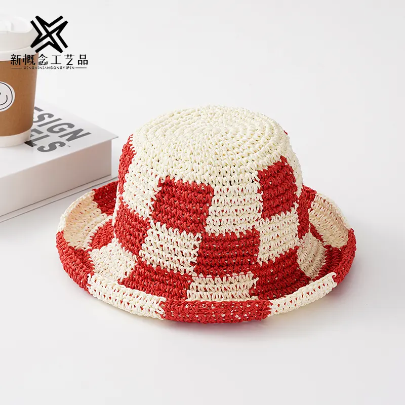 Mulheres Girl Crochet verificado ráfia palha Sun Visor Hat handmade Packable moda Bucket Beach Cap