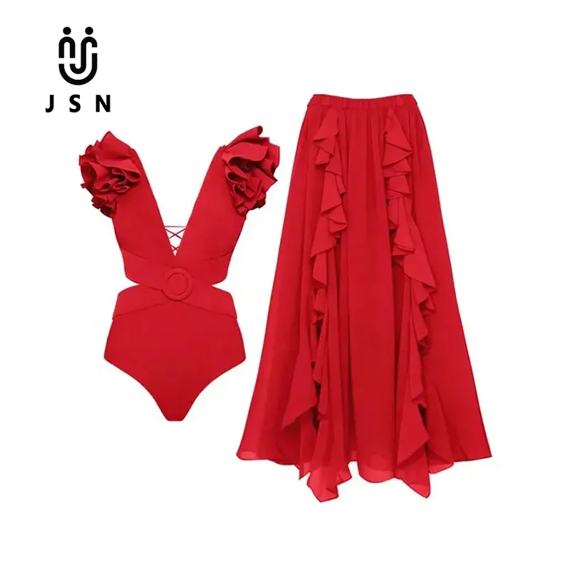 JSN Traje de baño de lujo personalizado y ropa de playa con volantes Diseño de correas Traje de baño Mujeres Traje de baño Cubrir falda Bikini Impresión digital Adultos