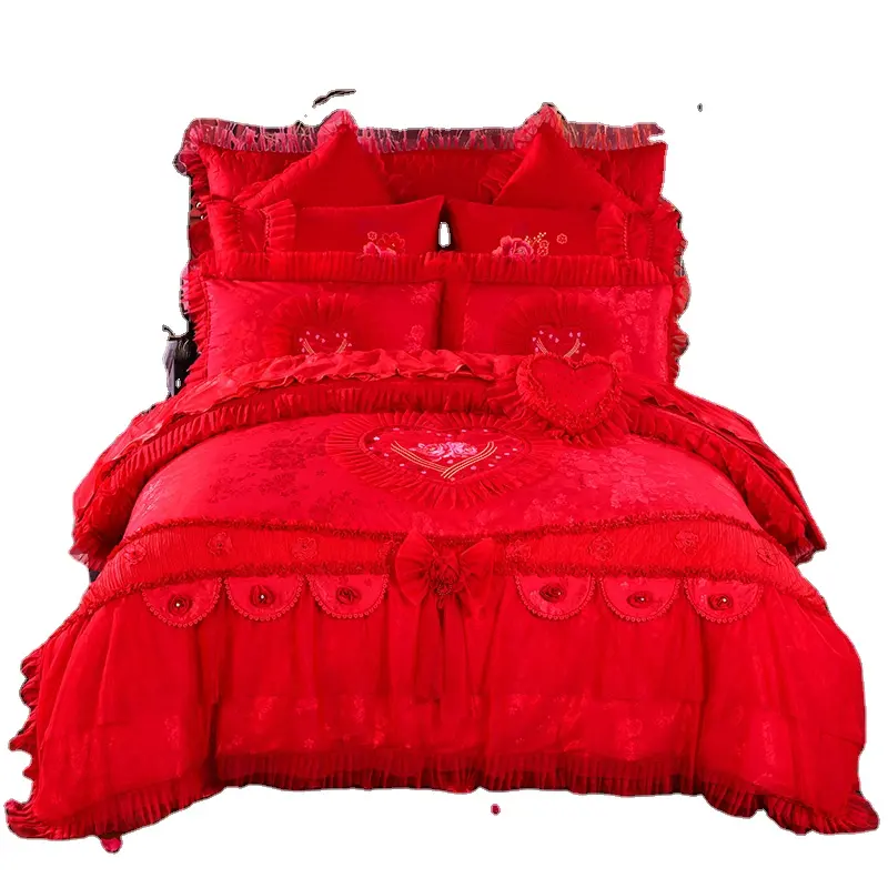 waterproof organic Cotton Multi Layers Ruffles Lace Princess Cute Red Wedding Bedding Set