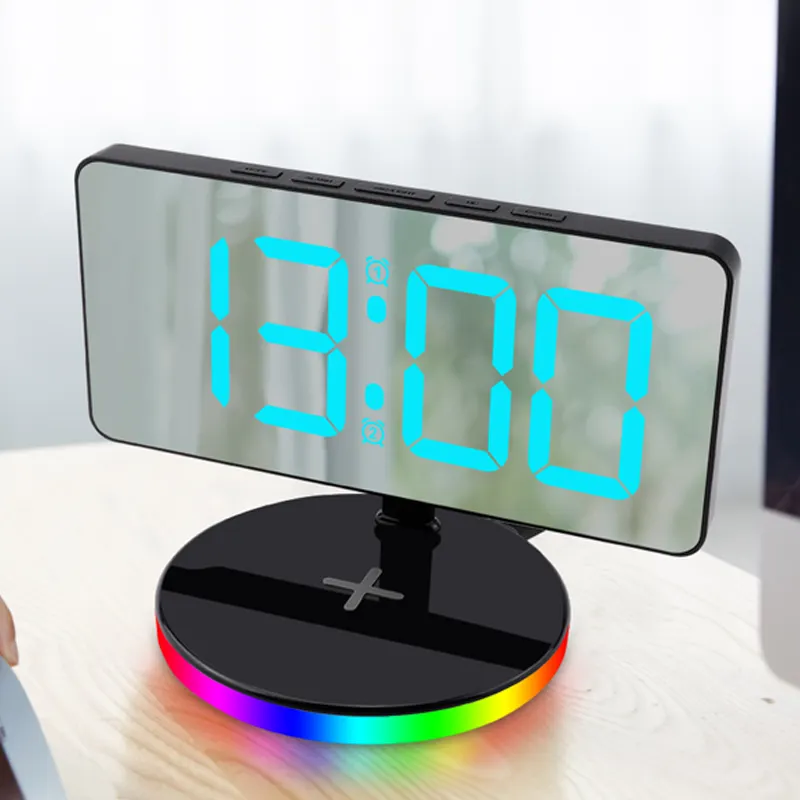 Horloges numériques à changement de couleur avec miroir 2 réveils Snooze Table électronique avec éclairage blanc