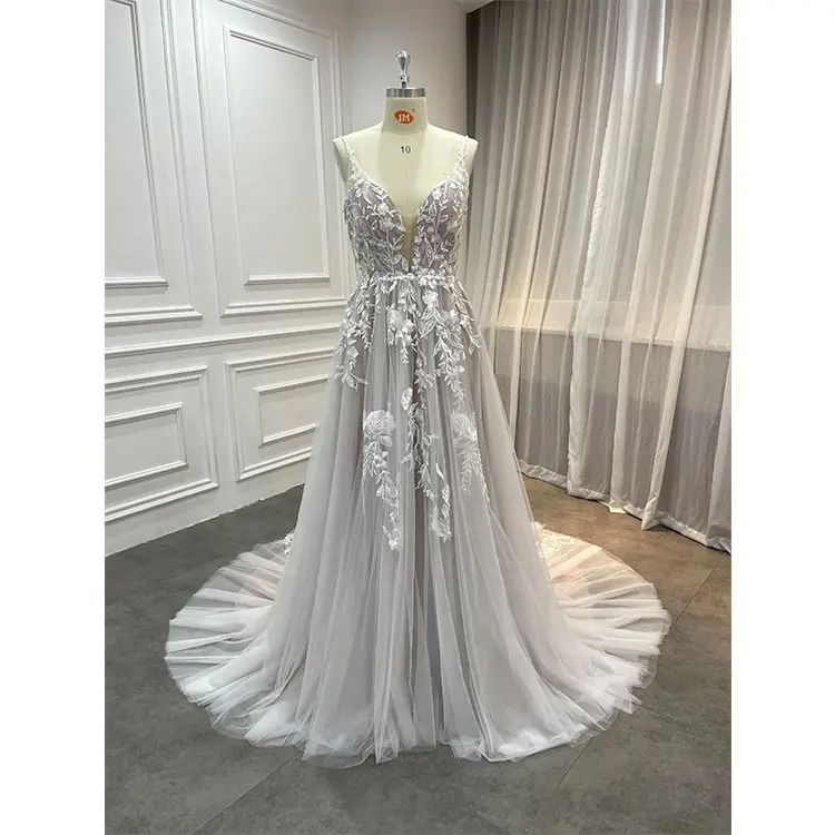 Commercio all'ingrosso elegante abito da sposa Boho cappel Strap Spaghetti Alibaba abiti da sposa con perline da donna 2022